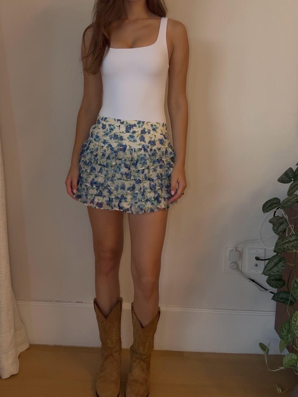 Blue Floral Ruffle Mini Skirt
